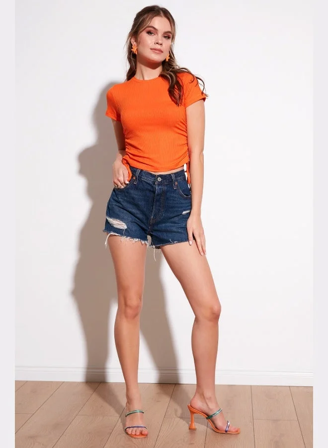 Lela Lela Side-Gathered Short Sleeve Crop Blouse Women's BLOUSE 5864010