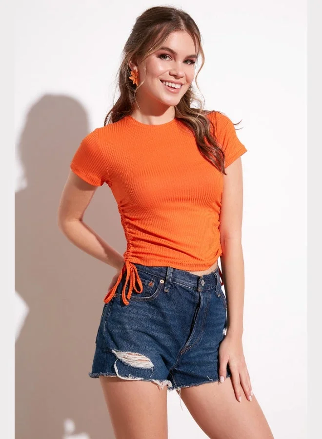 Lela Lela Side-Gathered Short Sleeve Crop Blouse Women's BLOUSE 5864010