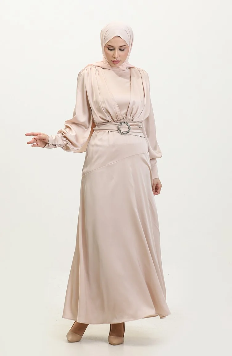 Sefa Merve Layered Satin Evening Dress 6001-07 Stone