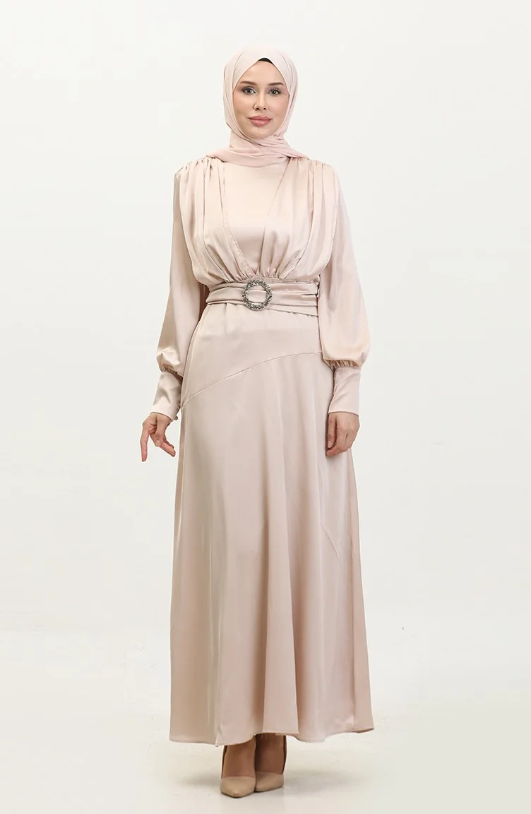 Sefa Merve Layered Satin Evening Dress 6001-07 Stone