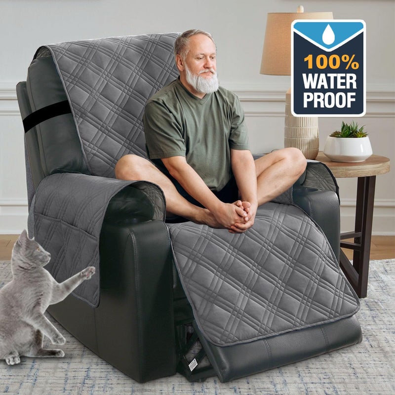H.VERSAILTEX 100% Waterproof Recliner Chair Cover Nonslip Recliner Cover Stay in Place Electric Power Lift Recliner Slipcovers Fitted Standard Large Power Lift Recliner with Side Pocket,Grey/Beige - Image 5