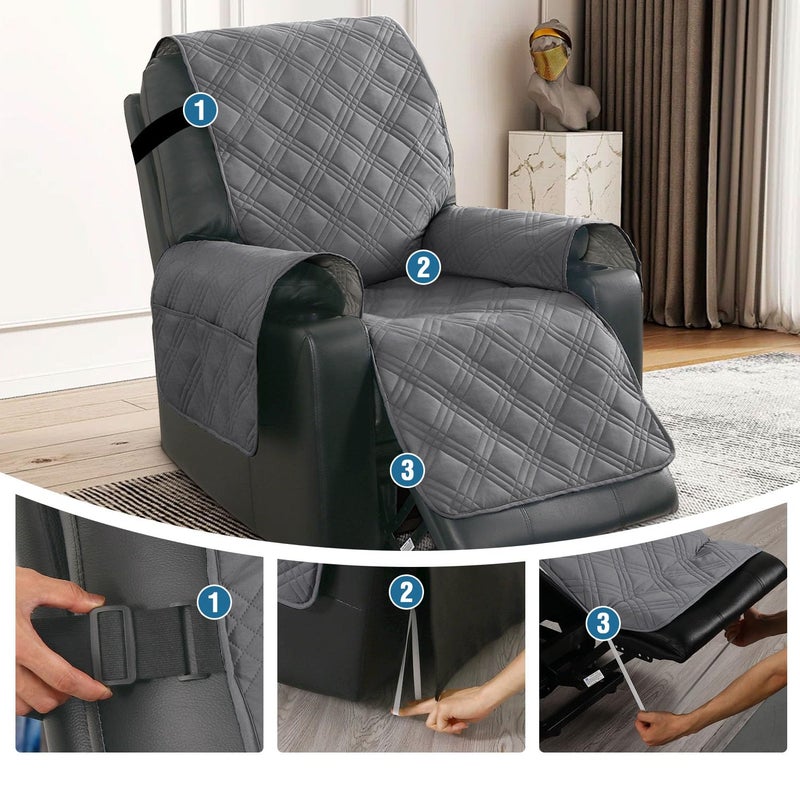 H.VERSAILTEX 100% Waterproof Recliner Chair Cover Nonslip Recliner Cover Stay in Place Electric Power Lift Recliner Slipcovers Fitted Standard Large Power Lift Recliner with Side Pocket,Grey/Beige - Image 4