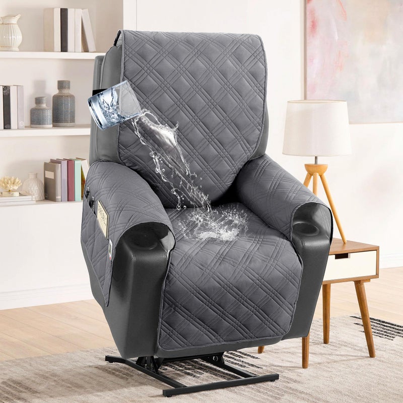 H.VERSAILTEX 100% Waterproof Recliner Chair Cover Nonslip Recliner Cover Stay in Place Electric Power Lift Recliner Slipcovers Fitted Standard Large Power Lift Recliner with Side Pocket,Grey/Beige - Image 1