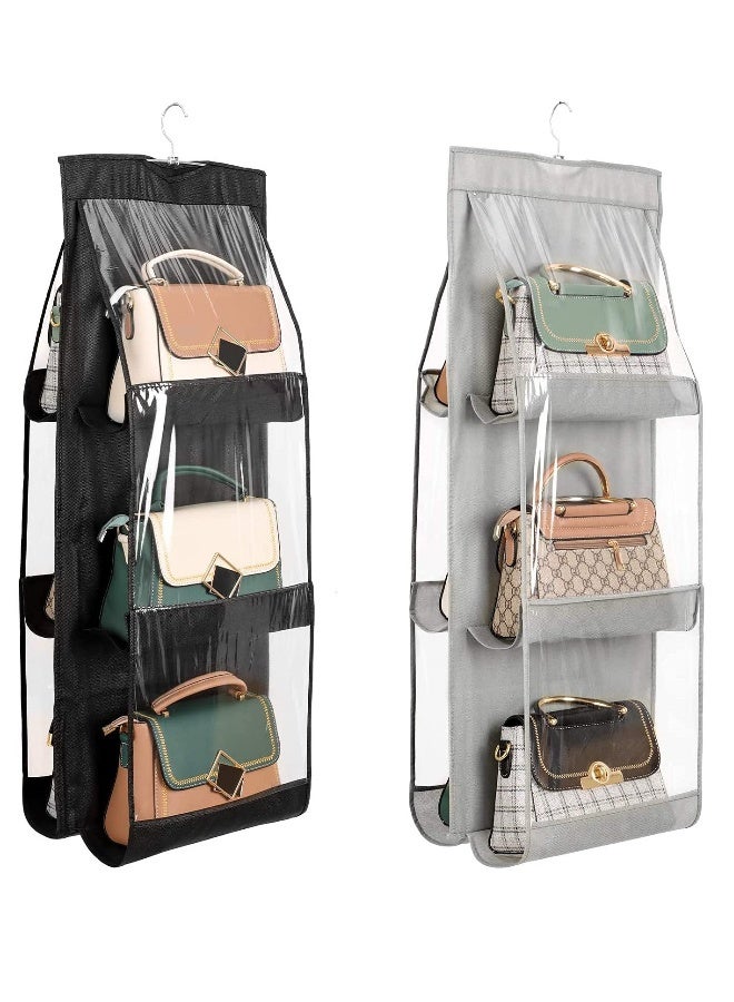 Hanging Handbag Organizer, 2 Pcs * 6 Pockets, Washable Clear Purse Storage Organizer, Dust Proof Purse Organizer Closet, Hanging Handbag Organizer, for Women Handbags Purse (Blacku0026Gray)  - Image 1