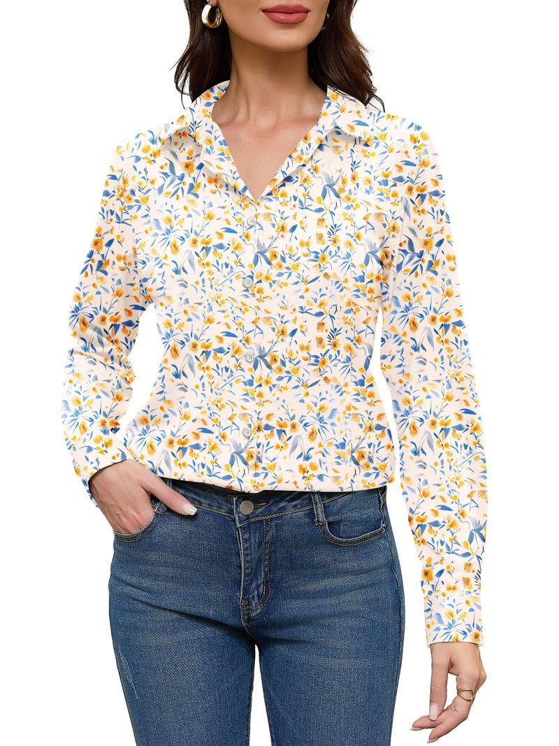 COUXILY Womens Button Down Blouse Long Sleeve Shirts for Women Tops Fall Business Casual Shirt Work Dressy Fashion Silk Formal Elegant Trending Classy Print Boho Hawaiian Tropical Floral 08 L - Image 2