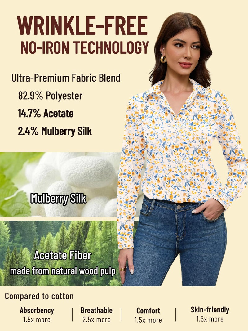COUXILY Womens Button Down Blouse Long Sleeve Shirts for Women Tops Fall Business Casual Shirt Work Dressy Fashion Silk Formal Elegant Trending Classy Print Boho Hawaiian Tropical Floral 08 L - Image 3