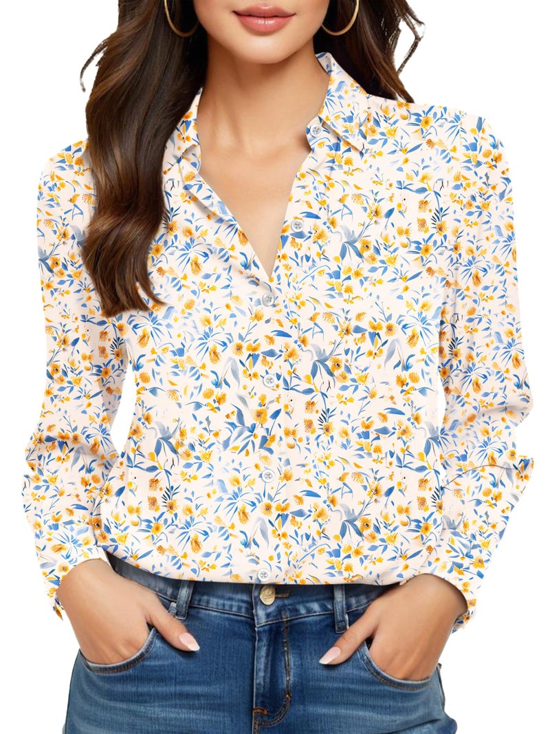 COUXILY Womens Button Down Blouse Long Sleeve Shirts for Women Tops Fall Business Casual Shirt Work Dressy Fashion Silk Formal Elegant Trending Classy Print Boho Hawaiian Tropical Floral 08 L - Image 1