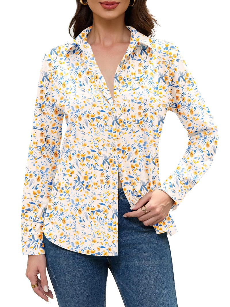 COUXILY Womens Button Down Blouse Long Sleeve Shirts for Women Tops Fall Business Casual Shirt Work Dressy Fashion Silk Formal Elegant Trending Classy Print Boho Hawaiian Tropical Floral 08 L - Image 4