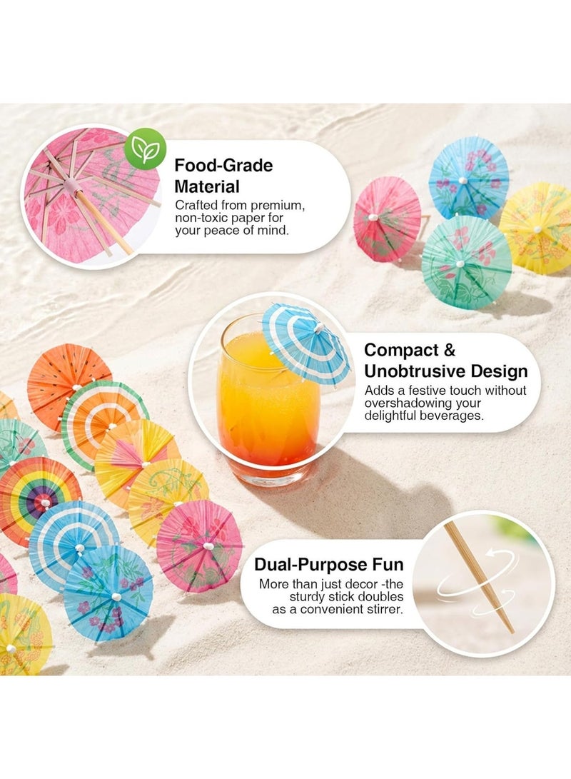 100 PACK Drink Umbrellas - Assorted Styles Cocktail Umbrellas for Drinks, Paper Mini Umbrella for Drinks Hawaiian Cupcake Toppers, Colorful Cocktail Picks for Luau Parasols Tiki Party Decorations - Image 3