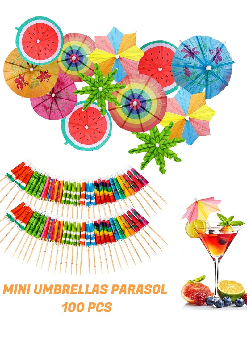 100 PACK Drink Umbrellas - Assorted Styles Cocktail Umbrellas for Drinks, Paper Mini Umbrella for Drinks Hawaiian Cupcake Toppers, Colorful Cocktail Picks for Luau Parasols Tiki Party Decorations - Image 1