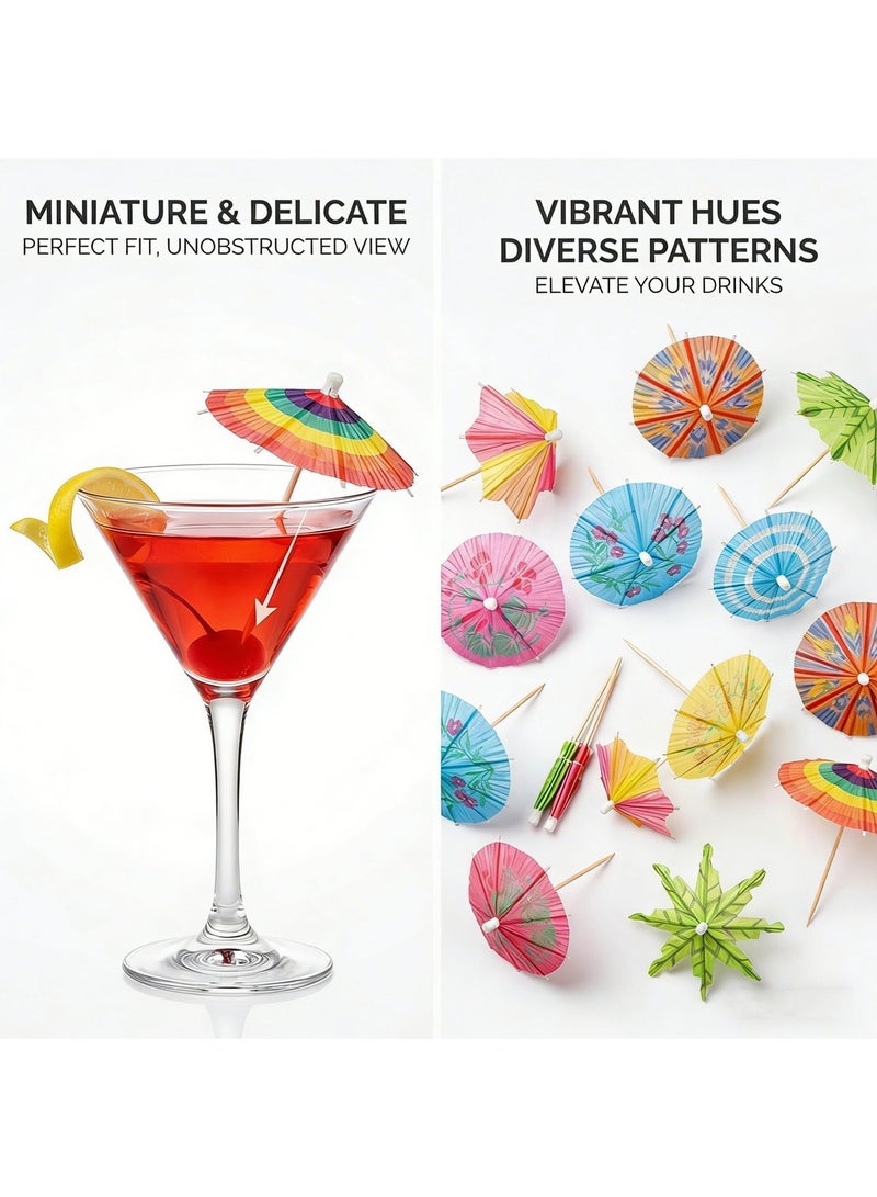 100 PACK Drink Umbrellas - Assorted Styles Cocktail Umbrellas for Drinks, Paper Mini Umbrella for Drinks Hawaiian Cupcake Toppers, Colorful Cocktail Picks for Luau Parasols Tiki Party Decorations - Image 5