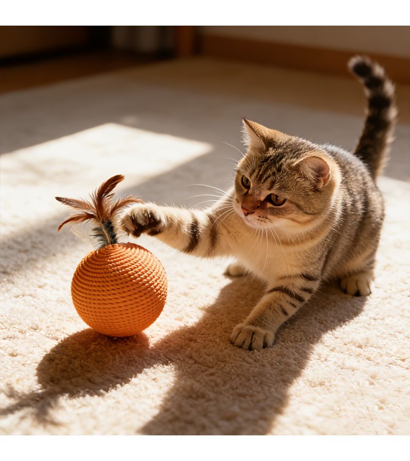 Orange Interactive Cat Scratch Ball Toy with Squeaky Paper Rope and Simulated Feathers Durable for Chasing Biting Scratching Entertainment - Image 3