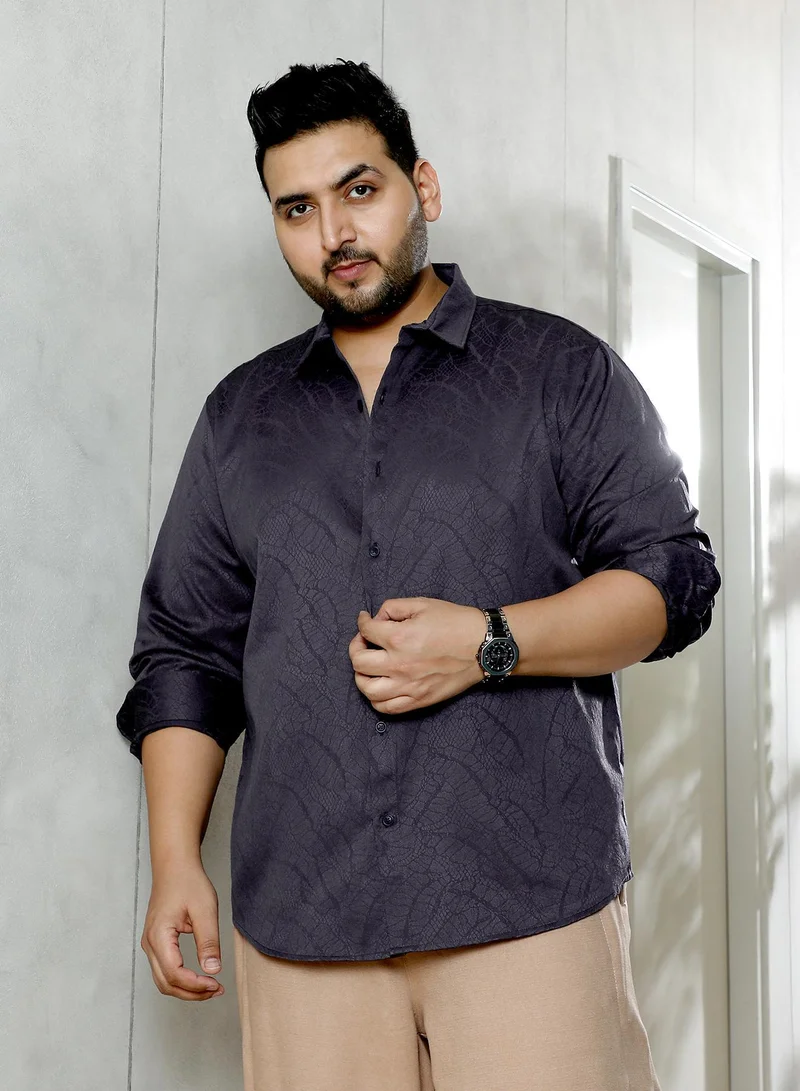 انستافاب بلس قميص رجالي جاكار أونيكس أسود ريبتيليا بياقة ممتدة وأكمام طويلة بأزرار وحاشية منحنية