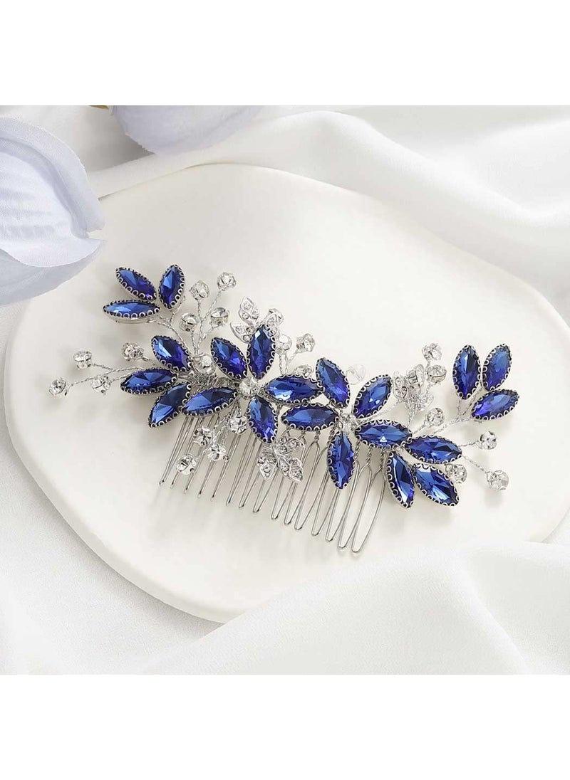 CASDRE - Casdre Crystal Bride Wedding Hair Comb Silver Leaf Bridal Hair Accessories Rhinestone Party Prom Hair Piece for Women and Girls B Blue - Image 1