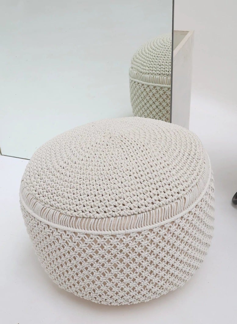 Ramsha Natural White Decorative Pouf for Living Room – PF-158 (50x50x30cm) - Image 1