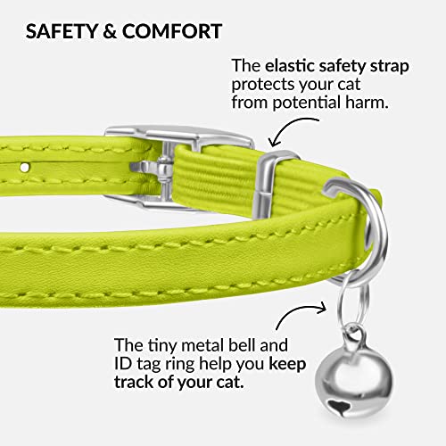 CollarDirect Leather Cat Collar with Bell - Kitten Collar, Small and Big Cat Collar for Boy Cats, Girl Cats with Safety Elastic Strap (Neck Fit 6"-7", Lime Green) - Image 3