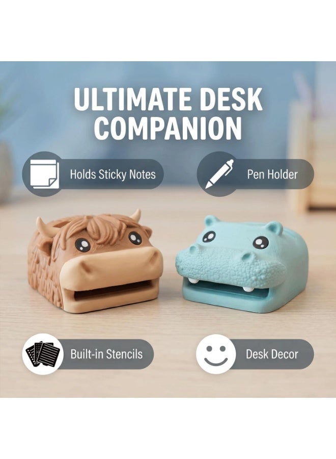 Highland Cow Sticky Note Holder, Cute Hippo-Shaped Desk Organiser (with pen holder and photo slot), Compatible with Post-it Notes, Fun Desk Accessory - Image 2