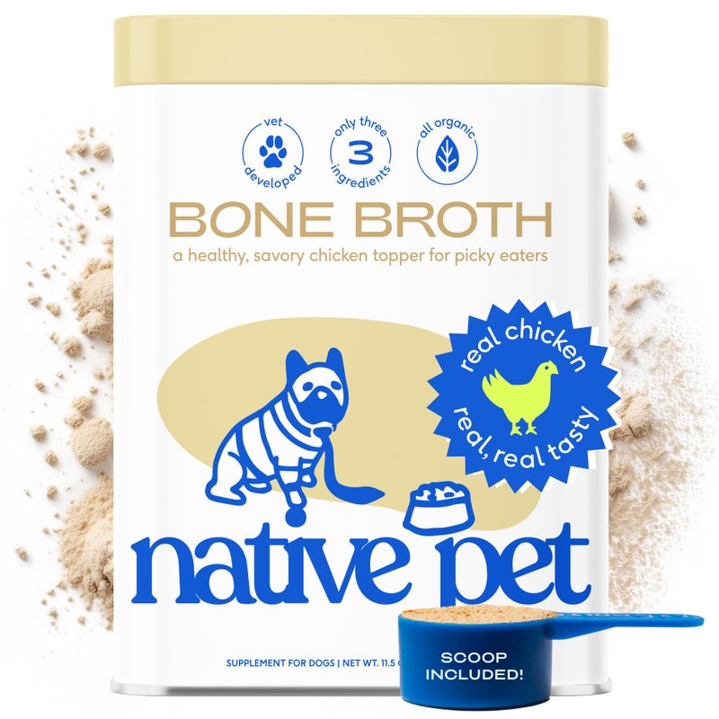 Native Pet Bone Broth for Dogs and Cats - Chicken Bone Broth Powder Dog Food Toppers for Picky Eaters - Provides Extra Nutrition for Joint Strength, Immune Support & Heart Health - 96 Scoops - Image 1