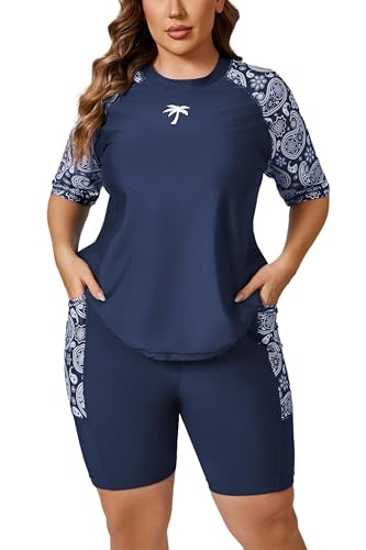 Halcurt Womens Plus Size Rash Guard Built in Bra 2 Piece Swimming Suits Boyleg Pocket Shorts Navy 1X - Image 1