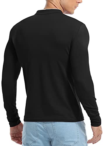 KUYIGO Men's Casual Slim Fit Shirts Long Sleeve Polo Shirt Mandarin Collared T-Shirts Black Large - Image 5