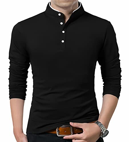 KUYIGO Men's Casual Slim Fit Shirts Long Sleeve Polo Shirt Mandarin Collared T-Shirts Black Large - Image 1