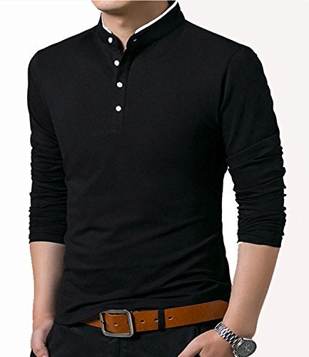 KUYIGO Men's Casual Slim Fit Shirts Long Sleeve Polo Shirt Mandarin Collared T-Shirts Black Large - Image 3