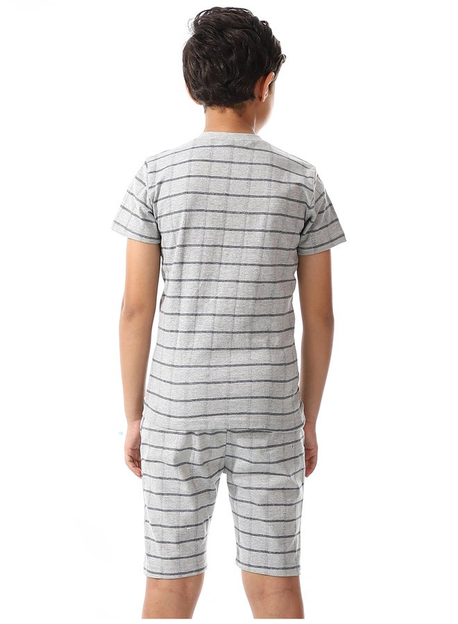 Andora Striped Pattern Boys Short Sleeves Pajama Set Light Grey & Navy Blue - Image 4