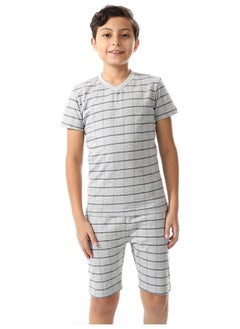 Andora Checkered Boys Short Sleeves Pajama Set_Light Grey & Navy Blue  - Image 1