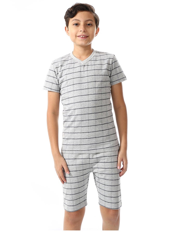 Andora Striped Pattern Boys Short Sleeves Pajama Set Light Grey & Navy Blue - Image 1