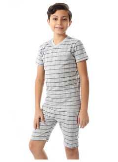 Andora Checkered Boys Short Sleeves Pajama Set_Light Grey & Navy Blue  - Image 2