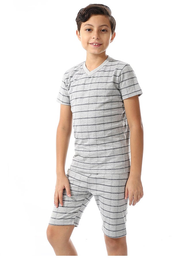 Andora Striped Pattern Boys Short Sleeves Pajama Set Light Grey & Navy Blue - Image 2