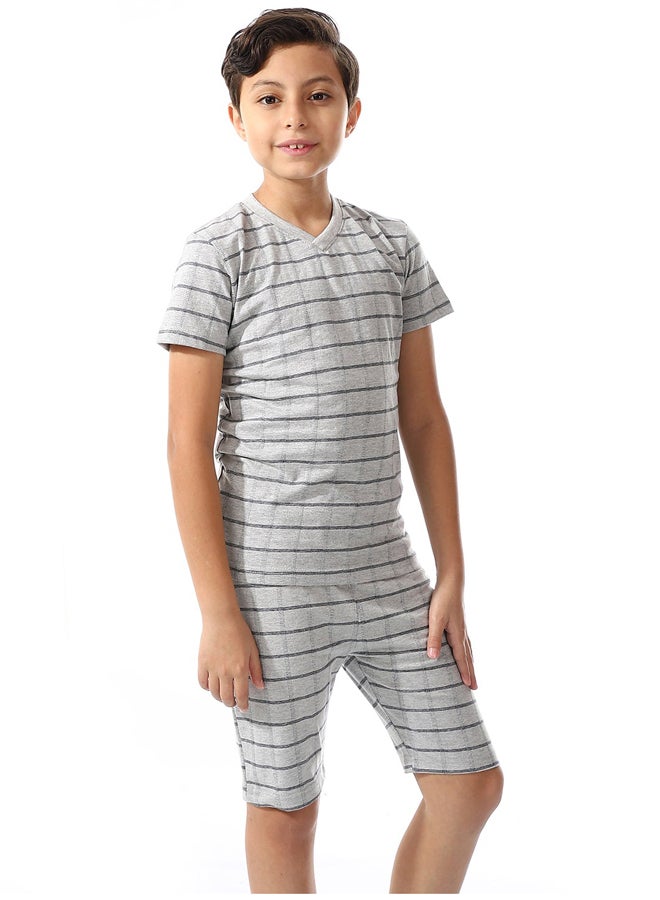 Andora Striped Pattern Boys Short Sleeves Pajama Set Light Grey & Navy Blue - Image 3