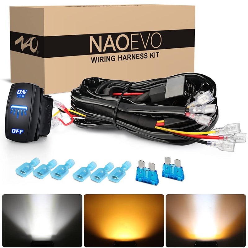 NAOEVO 16AWG 160W Wiring Harness, Customized for NAOEVO 6 Modes Light Bar, 8 Pin 12V 40A Relay On-Off Rocker Switch for Change Modes-2 Leads 12FT - Image 1