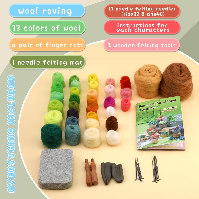 Yizzvb Needle Felting Kit, 9 Pcs Succulent Needle Felt Beginner Kits, Wool Felting Kit Including Wool Roving, Felting Pad, Felting Needles and Instructions for DIY Craft Home Decoration - Image 3