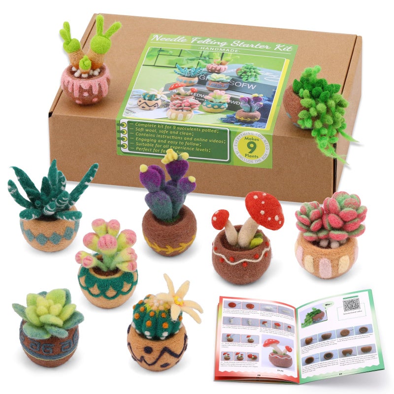 Yizzvb Needle Felting Kit, 9 Pcs Succulent Needle Felt Beginner Kits, Wool Felting Kit Including Wool Roving, Felting Pad, Felting Needles and Instructions for DIY Craft Home Decoration - Image 1
