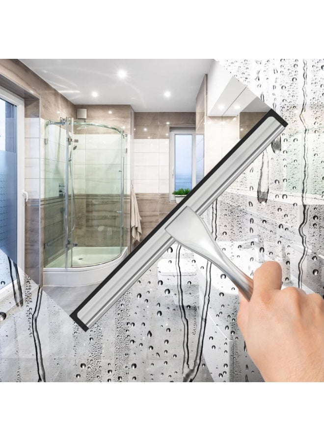 M MIAOYAN Multifunctional Stainless Steel Shower Scraper for Shower Glass Doors with 2 Adhesive Hooks, Bathroom Cleaning Tools, Home Window Mirror Wiper, Cleans Tile Walls, Cars, 10 Inch Silver - Image 1