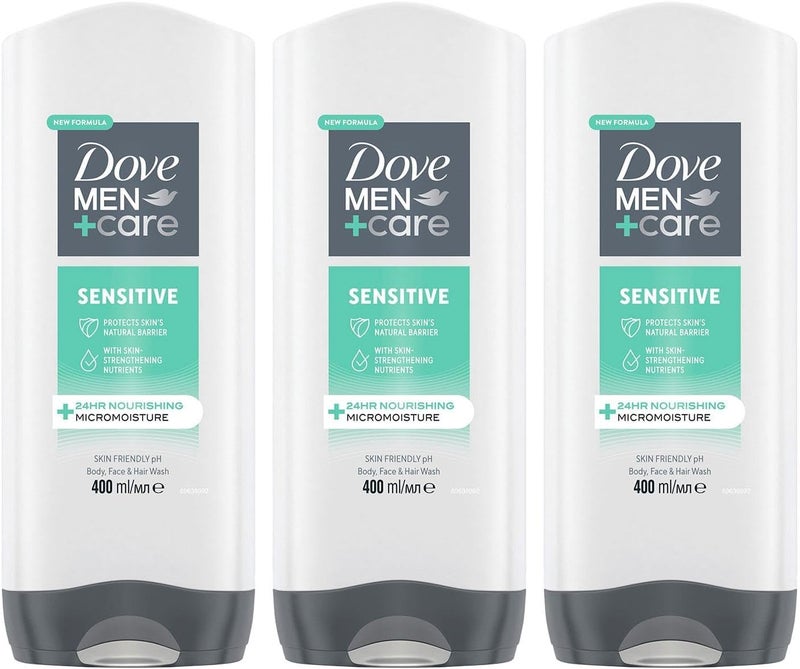 Dove MenCare 3in1 Body Face Hair Wash Hydrating Sensitive Provides 24 Hour Nourishment with Clean and Calm Scent of Fresh Mint and Cedar Body Wash for Men 400ml Pack of 3