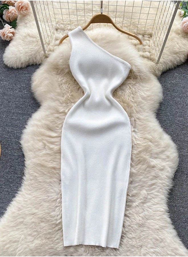 Generic Ins Fashion One Shoulder Knitted Bodycon Dress Lady Elastic Outfits Package Hips White Mini Dress Party Vestidos 