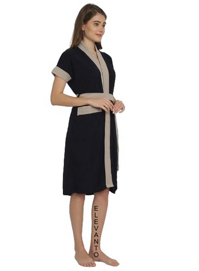 ELEVANTO Bathrobes for Women & Bathrobes for Girls: Everyday Terry Unisex Collection with Kimono Collar, Half Sleeve, 1 Pocket | Soft & Lightweight Comfort bath robe (NAVY-GREY) - Image 2