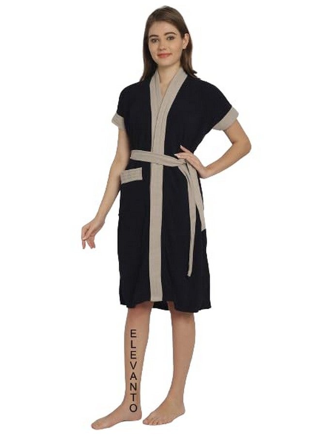 ELEVANTO Bathrobes for Women & Bathrobes for Girls: Everyday Terry Unisex Collection with Kimono Collar, Half Sleeve, 1 Pocket | Soft & Lightweight Comfort bath robe (NAVY-GREY) - Image 3
