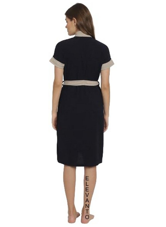 ELEVANTO Bathrobes for Women & Bathrobes for Girls: Everyday Terry Unisex Collection with Kimono Collar, Half Sleeve, 1 Pocket | Soft & Lightweight Comfort bath robe (NAVY-GREY) - Image 4