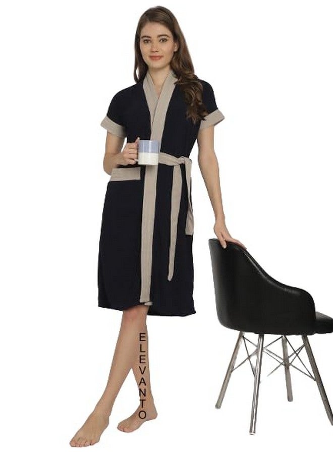 ELEVANTO Bathrobes for Women & Bathrobes for Girls: Everyday Terry Unisex Collection with Kimono Collar, Half Sleeve, 1 Pocket | Soft & Lightweight Comfort bath robe (NAVY-GREY) - Image 1