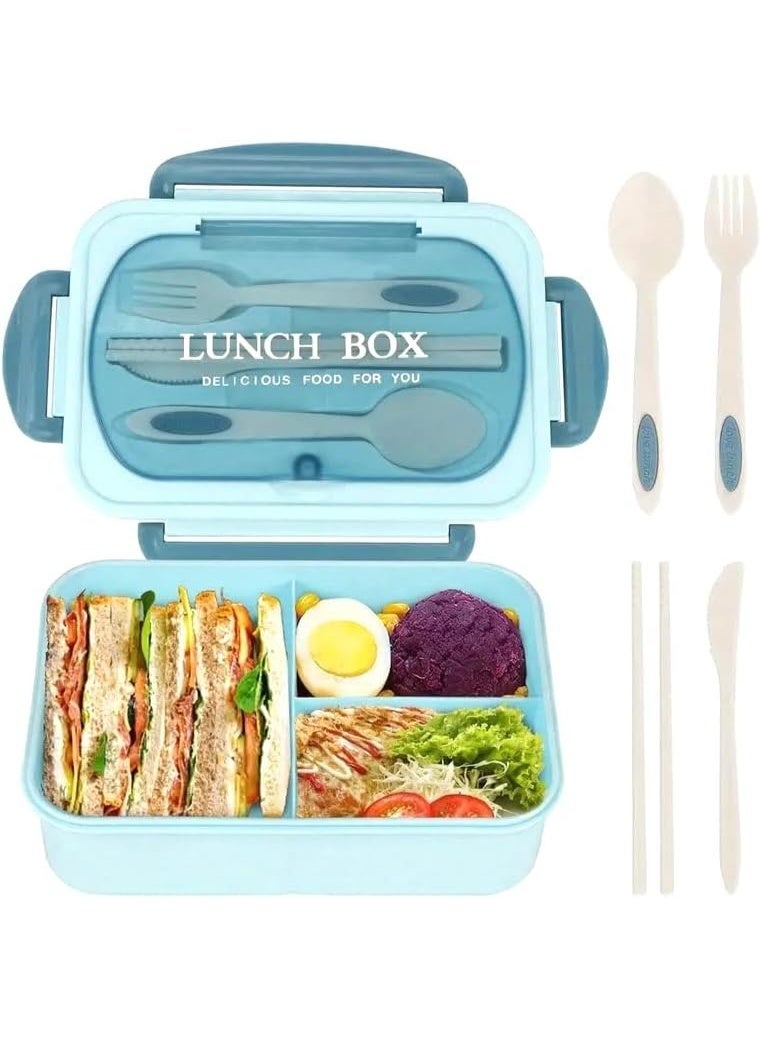 م اكس م صندوق غداء للأطفال مدرسة الأولاد الكلية، صندوق بينتو مع 3 شركات. حاوية طعام كبيرة مقاومة للتسرب سعة 1400 مل، ملعقة وشوكة قابلة لإعادة الاستخدام للبالغين في المكتب والمنزل والسفر (أزرق سماوي) - Image 1