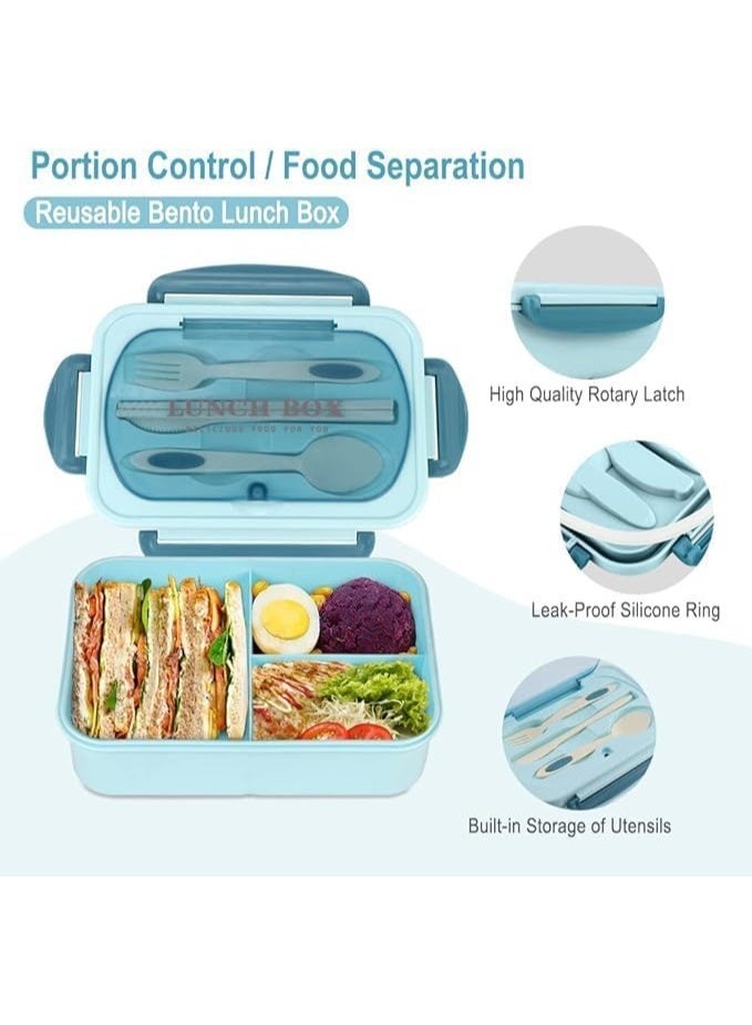 م اكس م صندوق غداء للأطفال مدرسة الأولاد الكلية، صندوق بينتو مع 3 شركات. حاوية طعام كبيرة مقاومة للتسرب سعة 1400 مل، ملعقة وشوكة قابلة لإعادة الاستخدام للبالغين في المكتب والمنزل والسفر (أزرق سماوي) - Image 5