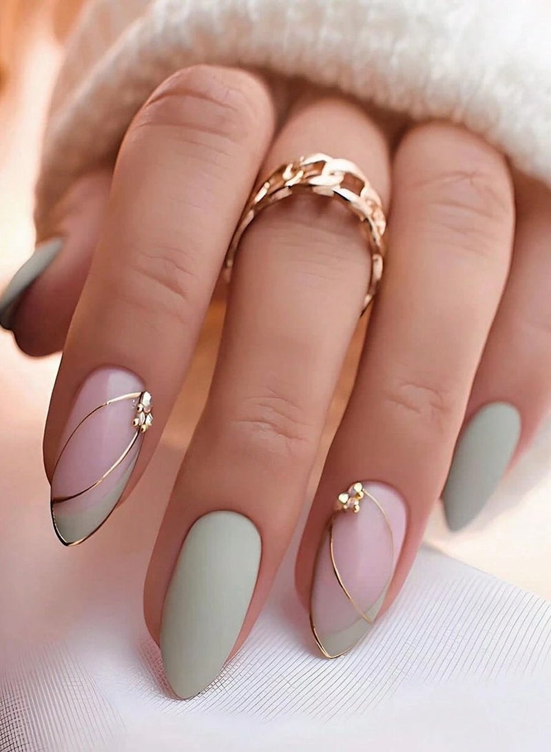 Sophisticated Matte Sage Green and Pink Manicure with Gold Floral Accents - Image 1