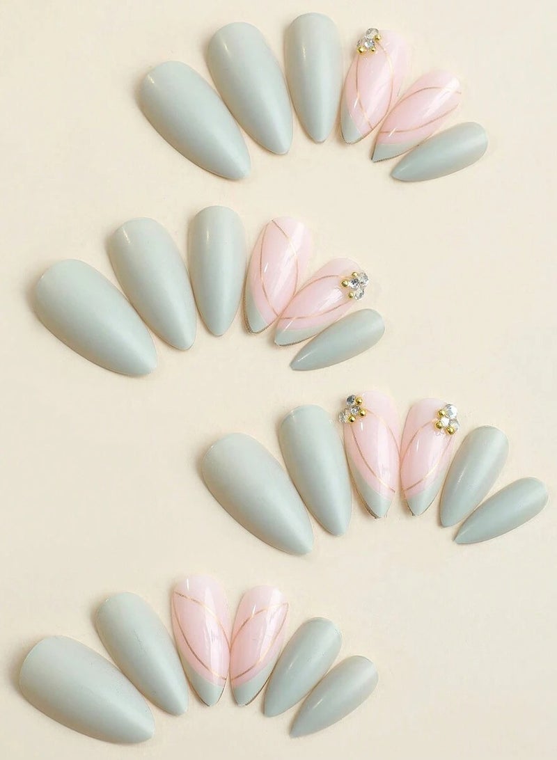 Sophisticated Matte Sage Green and Pink Manicure with Gold Floral Accents - Image 2