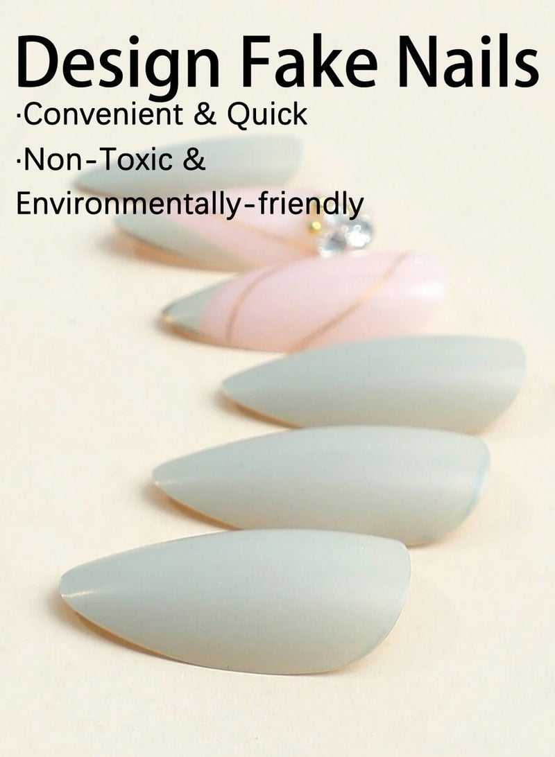 Sophisticated Matte Sage Green and Pink Manicure with Gold Floral Accents - Image 5