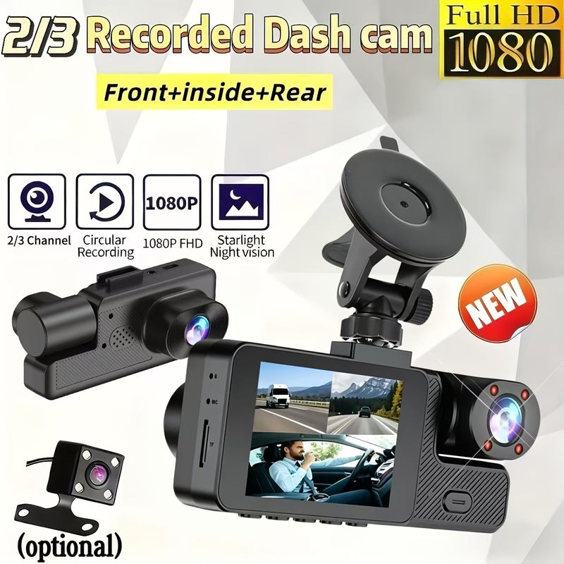 نسخة مطورة 2026 كاميرا داش كام HD بعدسة مزدوجة تصميم عريض الزاوية قابل للدوران رؤية متعددة الاستخدامات مراقبة داخلية وخارجية حساس G تسجيل حلقة عند الوقوف تركيب سهل يناسب مختلف موديلات السيارات - Image 1