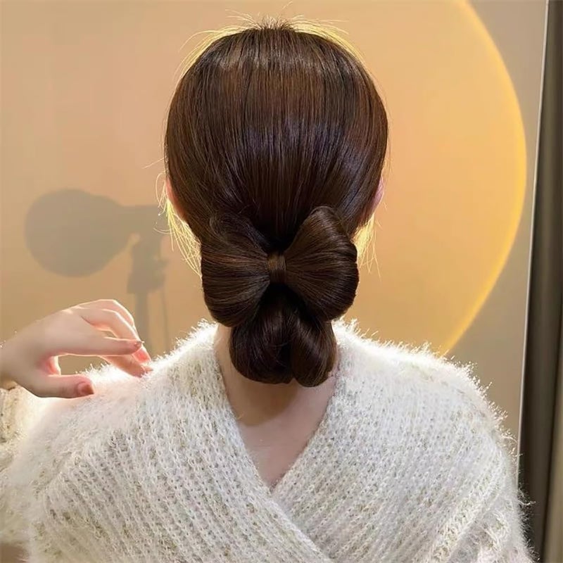 Jowxsx 2 Pcs Bowknot Wig Clips Fake Hair Buns Clip Hair Bow Hairpiece Barrettes Hair Extensions Clips Decorative Hair Styling Clip for Women Girls (Brown Black) - Image 3