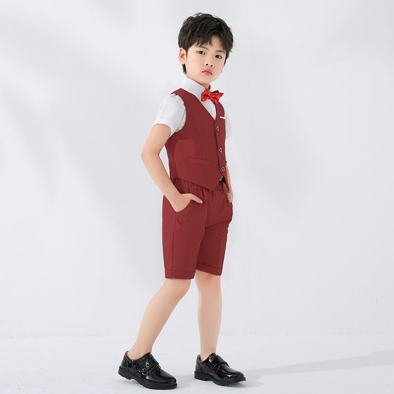 Boy's dress spring/summer British gentleman vest two-piece set student class graduation photography short sleeve shirt suit - Image 4